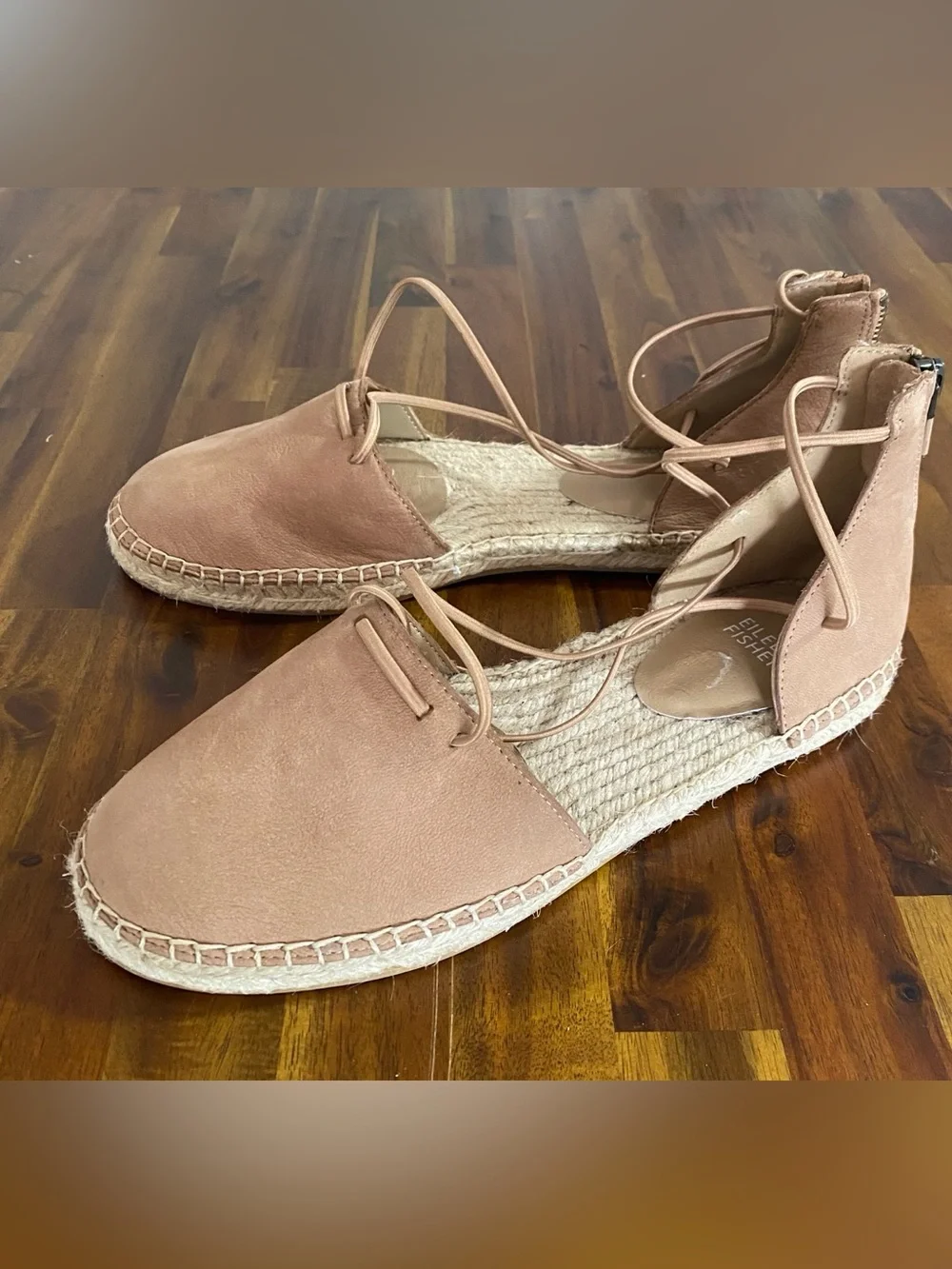 NWT Eilline Fisher Lace-Up Espadrille Flats in Blush Tan genuine leather.